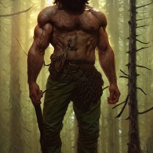 Prompt: Rugged male ranger, muscular, hairy torso, D&D, fantasy, forest, intricate, cinematic lighting, highly detailed, digital painting, artstation, concept art, smooth, sharp focus, illustration, art by Artgerm and Greg Rutkowski and Alphonse Mucha