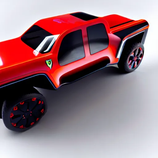 Prompt: futuristic pickup truck made by ferrari, photorealistic, 3D