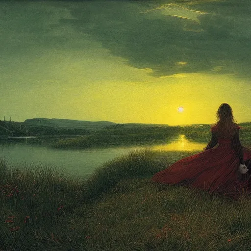 Prompt: young beautiful woman by the lake, hair waving in the wind, sunset, high detail, dramatic light, digital art, chiaroscuro, dark, painted by caspar david friedrich