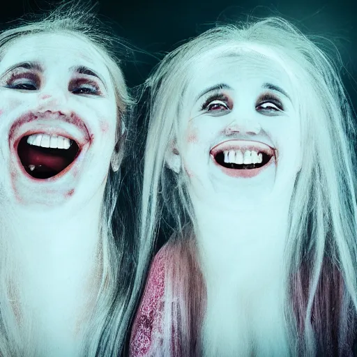 Prompt: crazy girl ghosts laughing