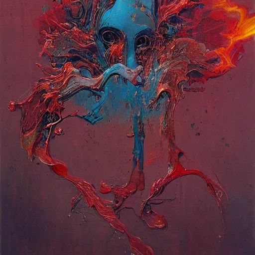 Image similar to a devouring abstract splatters of paint in the style of francis bacon, engulfing flames in the style of james jean, surreal, beksinski, high detailed