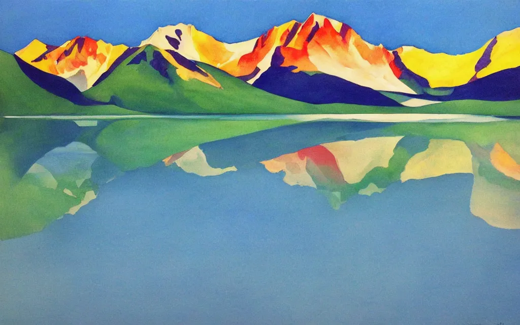 Image similar to the alps and reflection in a lake in the style of georgia o keeffe. colorful, wavy. painting.