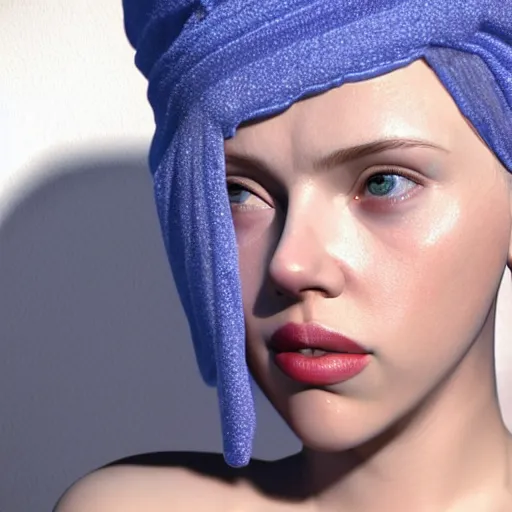 Prompt: scarlett johansson blue hair wrapped in a towel getting out of the shower, 3 d render, hyper - realistic detailed portrait