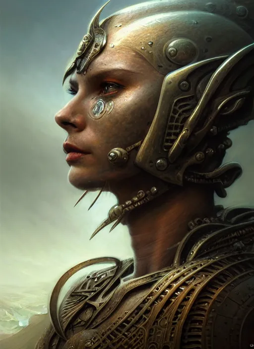 Image similar to closeup portrait shot of a warrior in a scenic dystopian environment, intricate, elegant, highly detailed, centered, digital painting, artstation, concept art, smooth, sharp focus, illustration, artgerm, tomasz alen kopera, peter mohrbacher, donato giancola, joseph christian leyendecker, wlop, boris vallejo