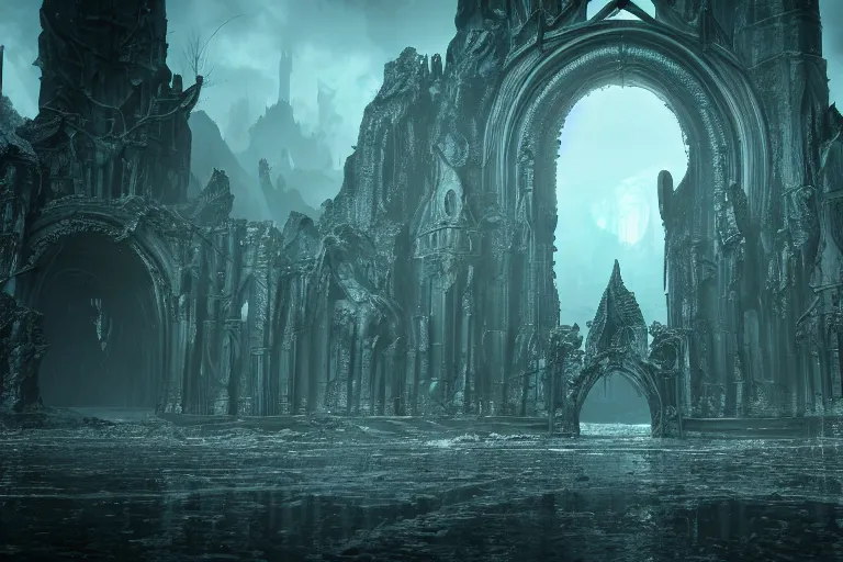 Image similar to The portal to Cthulu's realm open in front of a gothic metropolis, rendered in octane, CryEngine, hype realistic, digital art, Artstation, Lovecraftian