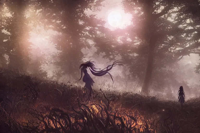 Prompt: goth woman in a moonlight view, in a forest, a river, tankoban, 4 k, tone mapping, akihiko yoshida, james jean andrei riabovitchev marc simonetti, yoshitaka amano, long hair, curly, h. hydrochaeri