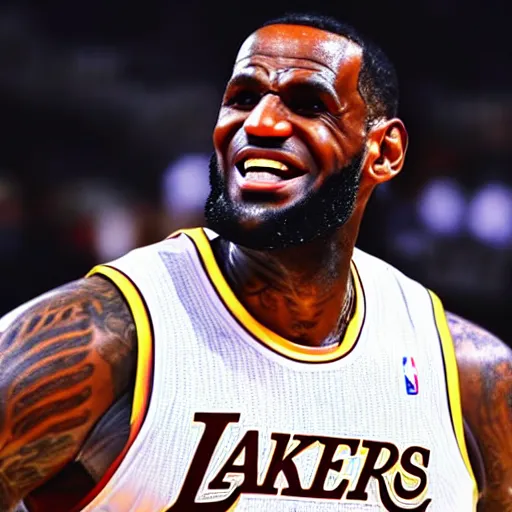 Image similar to professional close up shot photograph of lebron james dancing wildly in an nba game, wearing nba jersey, standing, clear image, as seen on getty images, smooth, uncompressed, low contrast