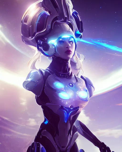 Image similar to perfect android girl on a mothership, warframe armor, beautiful face, scifi, futuristic, galaxy, nebula, raytracing, dreamy, long white hair, blue cyborg eyes, sharp focus, cinematic lighting, highly detailed, artstation, divine, by gauthier leblanc, kazuya takahashi, huifeng huang