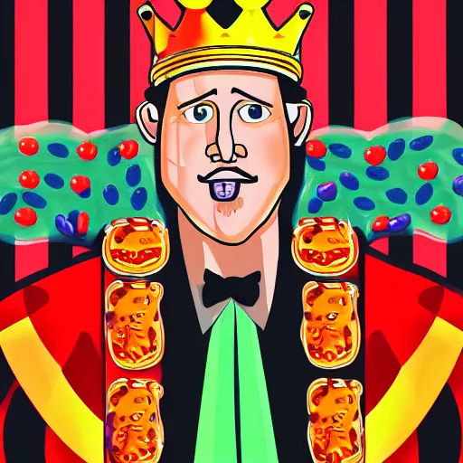 Prompt: illustration portrait of king of candy mr harry haribo