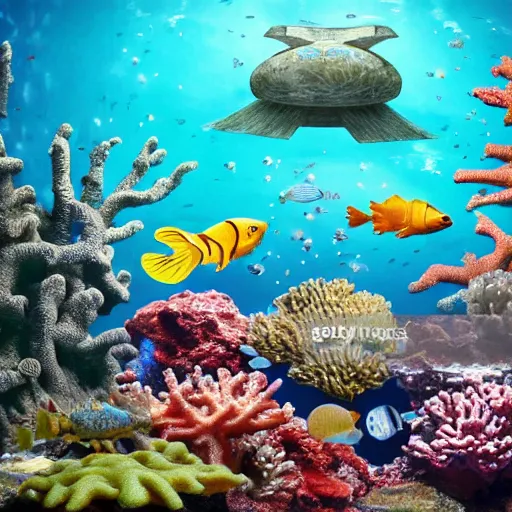 Prompt: a spaceship in water surrounded by fish and coral reef