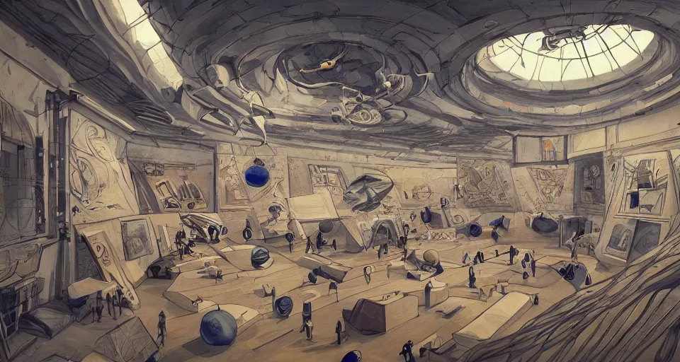 Image similar to A beautiful artwork illustration, a museum space room built for parkour with planets, featured on artstation, wide angle, horizontal orientation