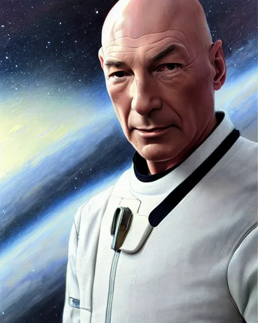 Image similar to Portrait of Jean Luc Picard in a space suit, real life skin, intricate, elegant, highly detailed, artstation, concept art, smooth, sharp focus, art by artgerm and greg rutkowski and alphonse mucha