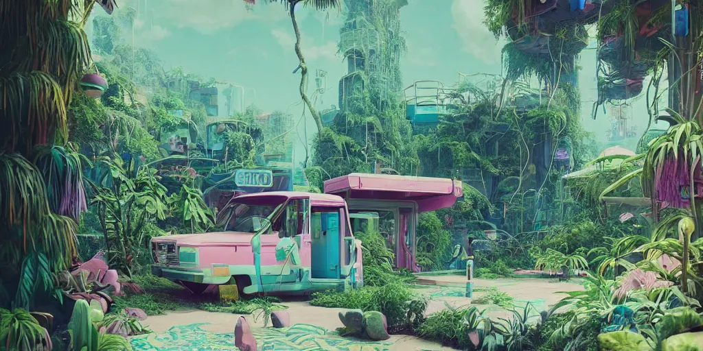 Image similar to 80s outdoor retro arcade, pastel colors, desolate, lush vegetation, moody:: by beeple and James Gilleard and Justin Gerard :: ornate, dynamic, particulate, intricate, elegant, highly detailed, centered, artstation, smooth, sharp focus, octane render, 3d