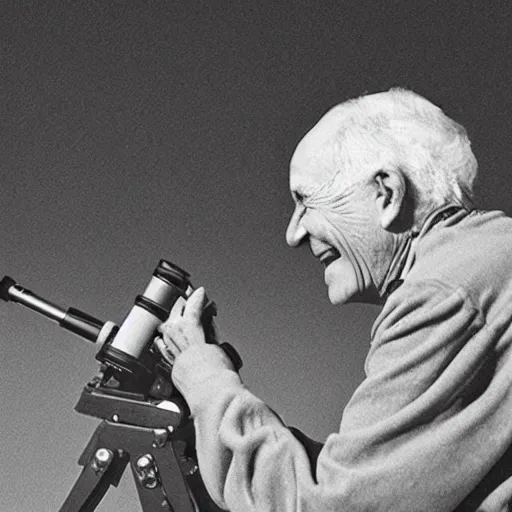 Prompt: a smiling old man seen through a telescope