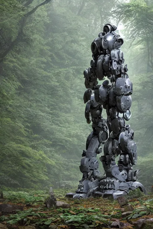 Image similar to A large robot statue made of stone covered in foliage in the middle of a forest by Greg Rutkowski, Sung Choi, Mitchell Mohrhauser, Maciej Kuciara, Johnson Ting, Maxim Verehin, Peter Konig, final fantasy , 8k photorealistic, cinematic lighting, HD, high details, atmospheric,