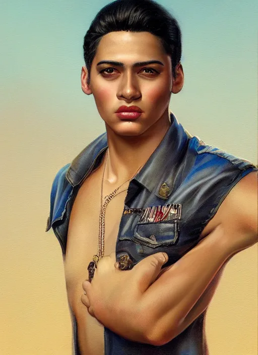 Image similar to magic realism portrait of a handsome young latino gang member in san diego, art by manuel sanjulian and tom bagshaw and boris vallejo, hyperrealism, artstation