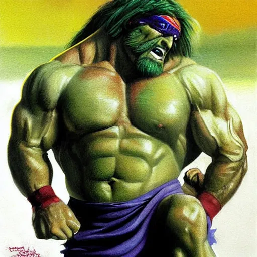 Image similar to wrestler hulk hogan, photorealistic, ring of fire, painted by michael whelan