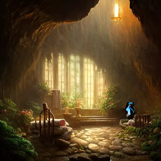 Image similar to cozy bathhouse hidden in a cave, candlelight, towels, cushions, natural light, lush plants and flowers, elegant, intricate, fantasy, atmospheric lighting, by Greg rutkowski