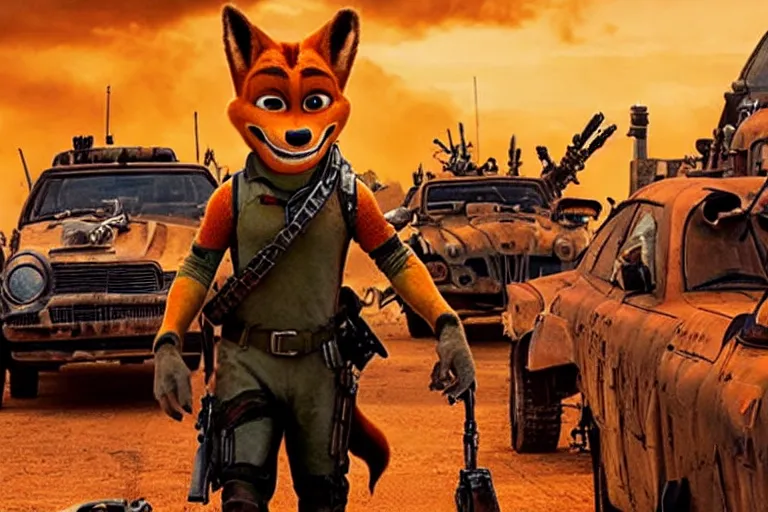 Image similar to nick wilde, heavily armed and armored facing down armageddon in a dark and gritty reboot from the makers of mad max : fury road