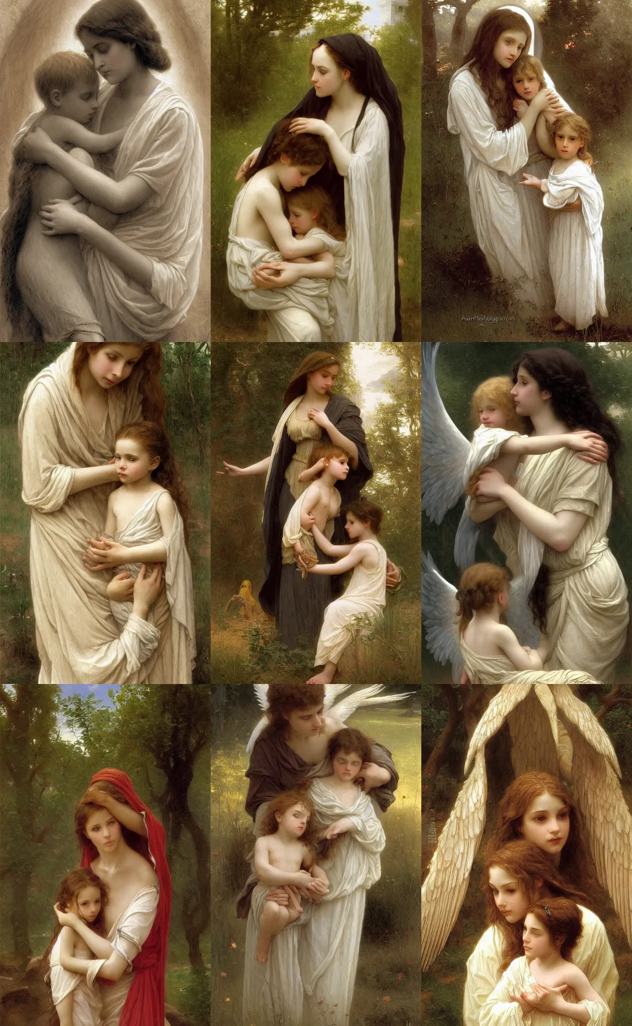 Prompt: angelic and beautiful young woman sheltering a child, highly detailed, concept art, intricate, sharp focus, einar jonsson and bouguereau