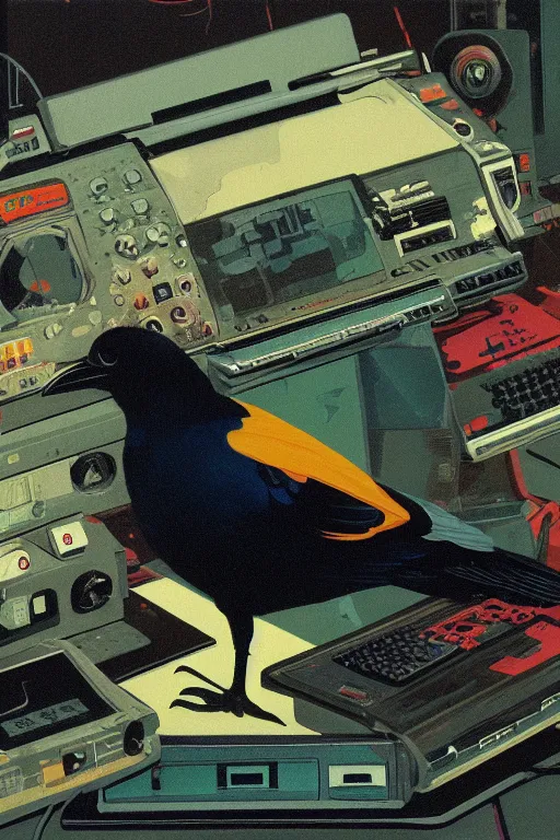 Image similar to a raven drowning in 8 0 s era technology, vintage shapes, retro technology, soft color, wayne barlow, oil on canvas, deep depth of field, masterpiece, cinematic composition, hyperdetailed