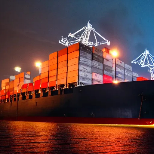 Prompt: photo of immense gigantic industrial futuristic cargo ship arrives at cyber punk city sea port,dark cinematic lighting, vibrant colour scheme,