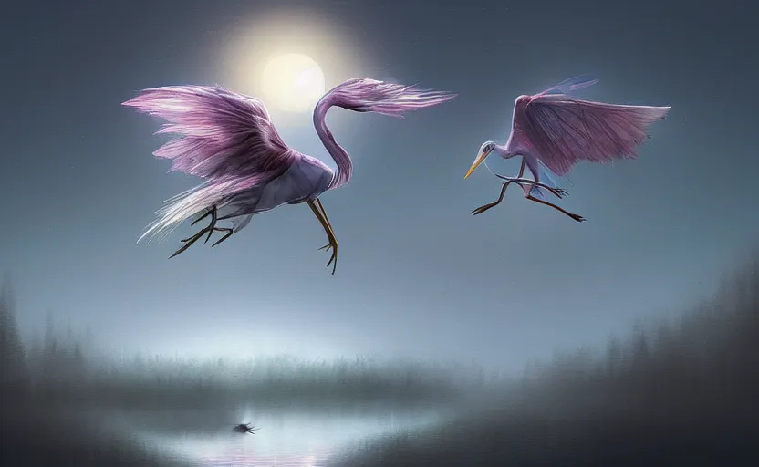 Prompt: digital oil painting of a fairy riding a heron high over a misty nighttime lake, ambient lighting, light bloom, cool lighting, trending on artstation