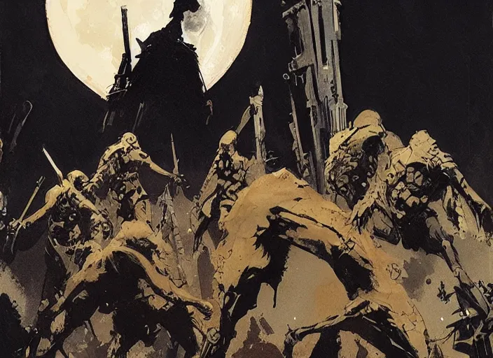 Image similar to beautiful as the moon, terrible as an army with banners. art by jeffrey catherine jones and jakub rozalski