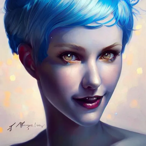 Prompt: a beautiful painting of a grinning woman with stylish short blue hair and sparkling blue eyes representative of the art style of artgerm and wlop and peter mohrbacher, portrait