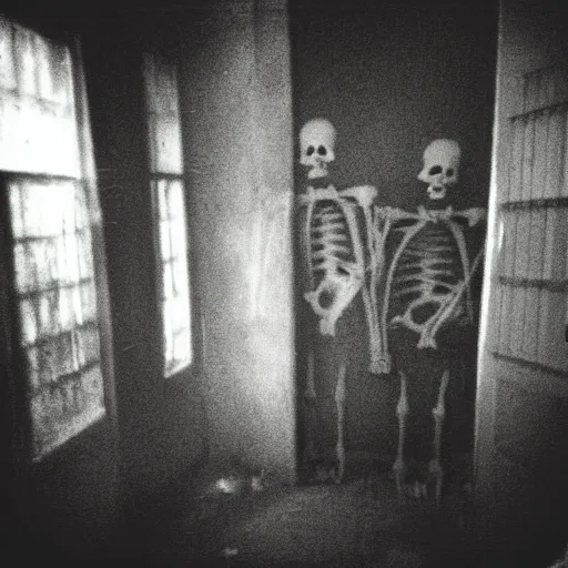 Image similar to insane nightmare, no light, everything is blurred, creepy shadows, haunted house, skeleton, very poor quality of photography, 2 mpx quality, grainy picture