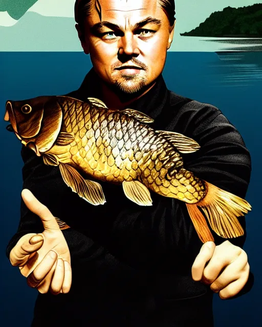 Image similar to photograph of leonardo dicaprio holding a carp in his both hands. movie poster, illustration by bartek fedyczak, erak note, tooth wu, neil richards, kan liu, siwoo kim, jisu choe, trending on art station