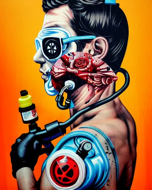 Prompt: diver man wearing oxygen mask, has blood, rose, a pistol and a syringe needle with sea background intricate details with horror side profile by Sandra Chevrier