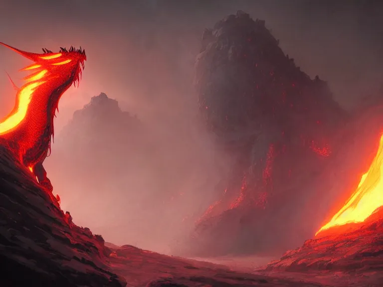 Prompt: mysterious lava dragon, concept art by Greg Rutkowski, artstation, cgsociety