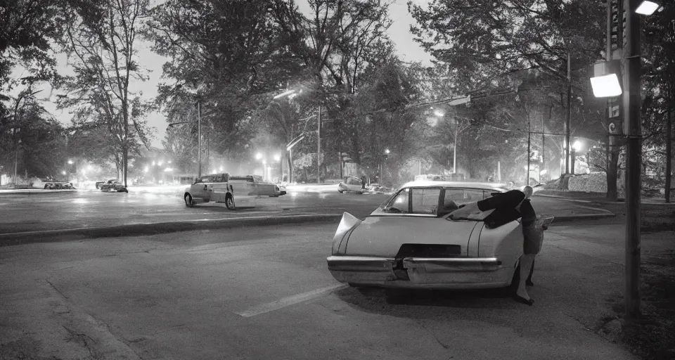 Prompt: a photograph of a car at an intersection with a person standing in its headlights by Gregory Crewdson