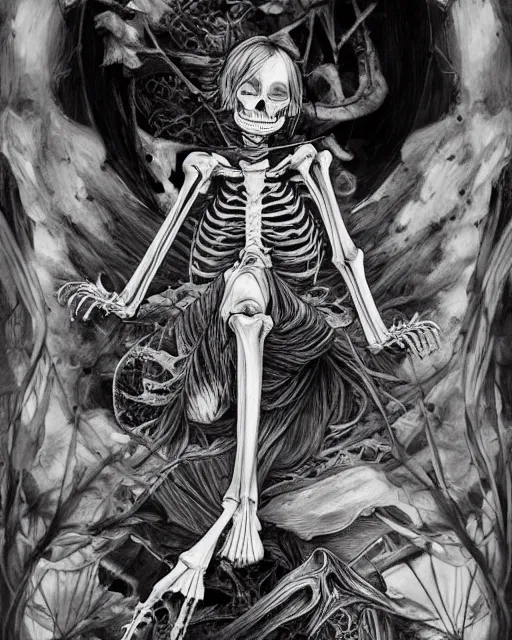 Image similar to skeleton cat girl with open skeleton ribs, wearing only lingering, black and white full shot, ambient, focused, art by ayami kojima, makoto shinkai, killian eng