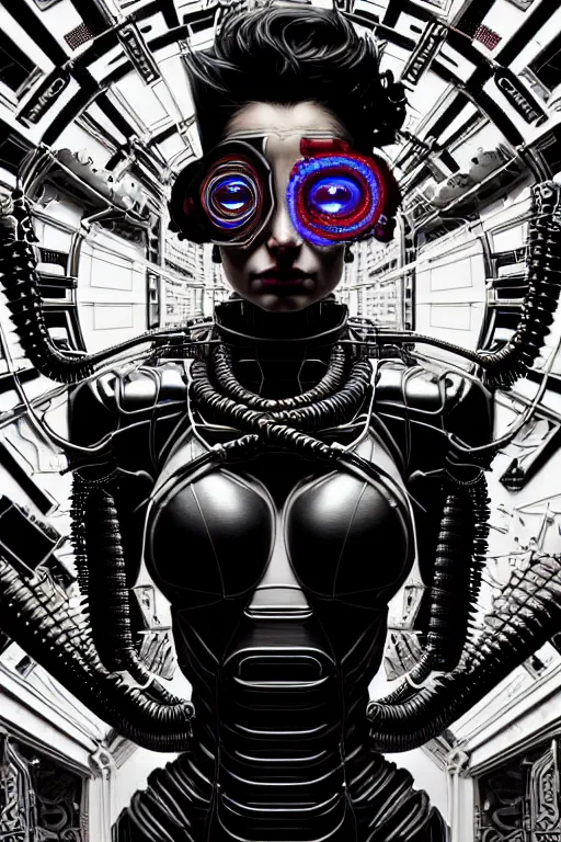 Prompt: eugene gottsnake : 3 d octane rander : vibrant portrait of beautiful black onyx cyborg woman by sandra chevrier laurie greasley gustave dore ron english, cybernetics, low contrast, cinematic dramatic lighting, hyper realistic detailed intricate render, hypermaximalist, ornate, epic composition, 4 k 8 k, cryengine octane, sharp focus, concept art, masterpiece