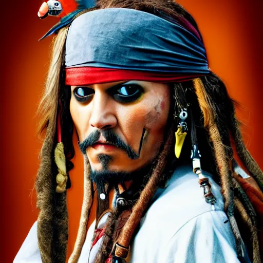 Image similar to jack sparrow with a parrot on the shoulder, portrait, professional photograph, 8k resolution, hyper detailed, realistic eyes