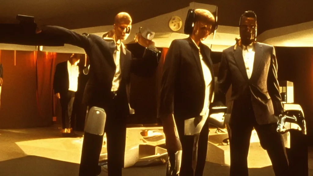 Image similar to movie still of pulp fiction but with robots, movie still, cinematic composition, cinematic light, by david lynch