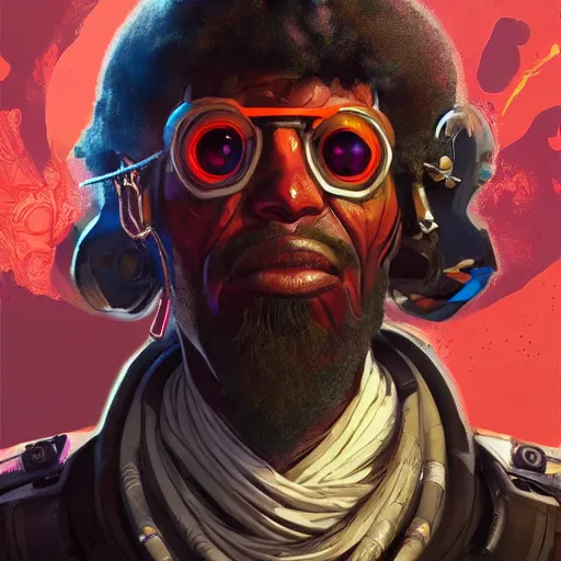 Image similar to a menacing somali space pirate with ruby eyes, Apex Legends character digital illustration portrait design, by android jones, detailed, cinematic lighting, wide angle action dynamic portrait