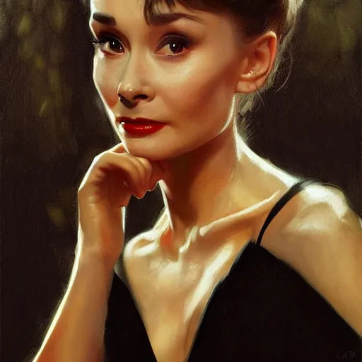 Image similar to detailed realistic cinematic wide shot of beautiful attractive audrey hepburn vampire woman wearing black bath robe slim face symettrical face clean skin black eyes black robe smooth, sharp focus, ultra realistic, spring light, painting by gaston bussiere, craig mullins, j. c. leyendecker