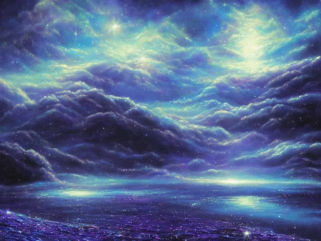 Image similar to a beautiful magical moonlit blue and purple landscape full of ethereal sparkling glowing blue lights with a beautiful galaxy sky and a glistening glittery ocean, soft lighting, ultra high detail, oil on canvas, HD, by Gilbert Williams