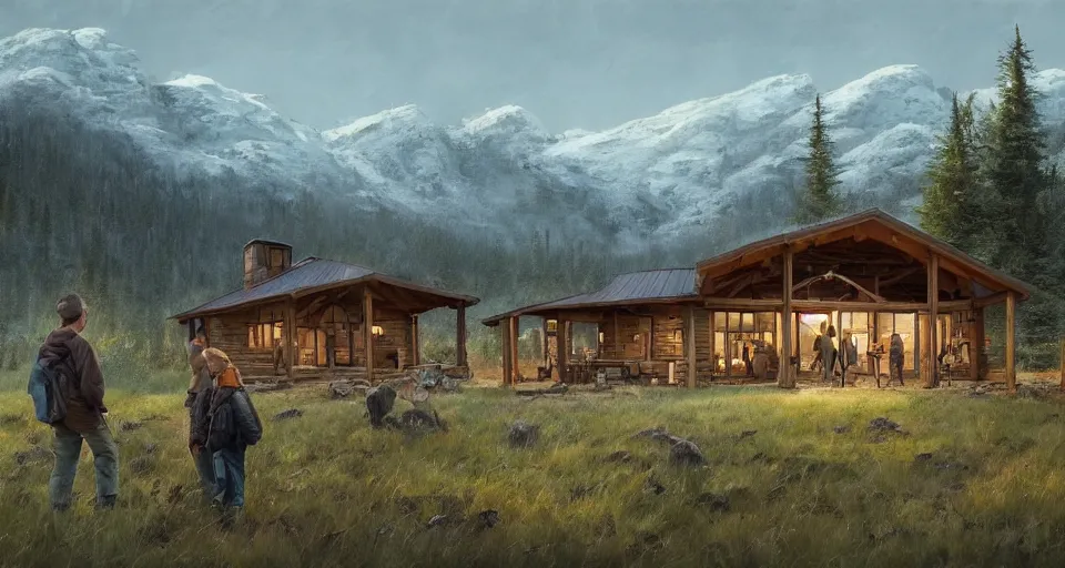 Image similar to cabela's beautiful comfortable modular pop - up insulated all terrain family dwelling, cabin,, person in foreground, mountainous forested wilderness open fields, beautiful views, painterly concept art, joanna gaines, environmental concept art, farmhouse, magnolia, concept art illustration, by james gurney, by craig mullins, by greg rutkowski trending on artstation