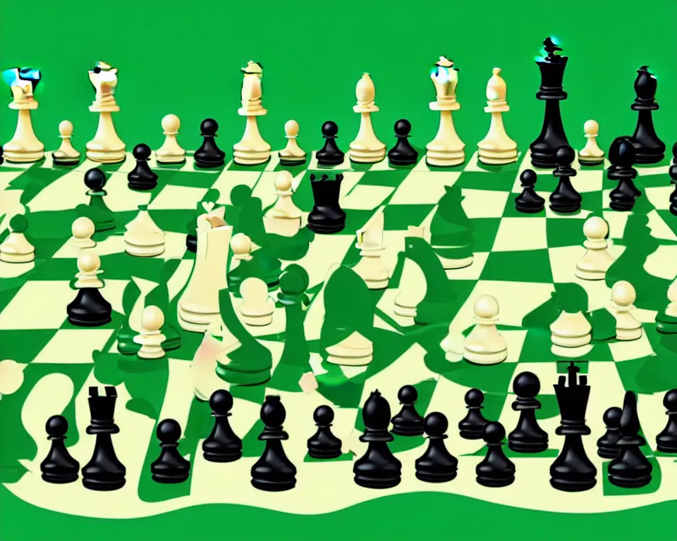 Prompt: a modern, ornate chess set on a green background. pop art.