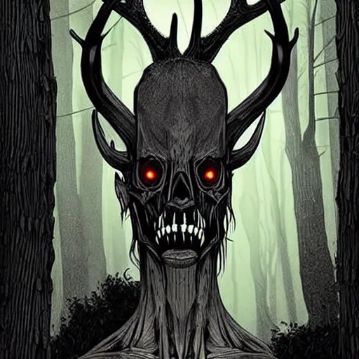 Prompt: Style Tim Jacobus and Rafael Albuquerque:: Wendigo with long antlers, deer face skeletal, symmetrical face, yellow eyes, fully detailed face:: attacking a woman in the woods:: night time, full mood, fog, realistic, scary, horror, full body