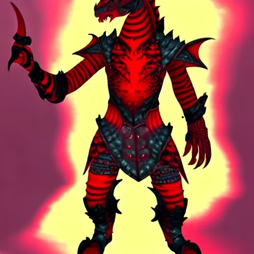 Prompt: a dragonborn with red scales and futuristic clothes