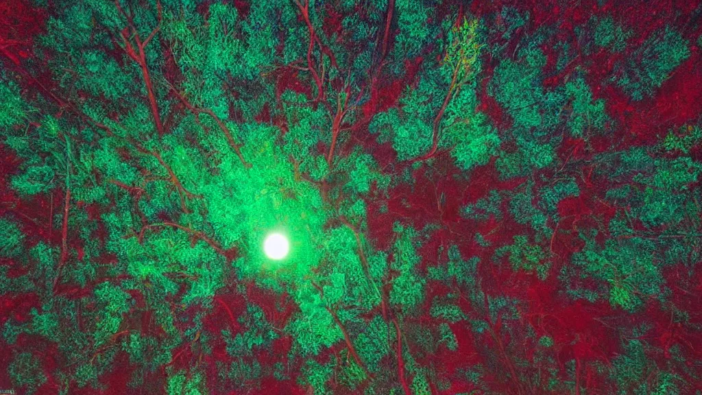 Prompt: (((psychedelic))) 8k ultra realistic night time photography of a mystical cosmic night sky with red smoke and a perfect huge full moon, A glimpse through a small gap in the dark green dense foliage!! and overgrowth and the trees of the huge full moon over water in a dark sky. wreathed in red smoke!!!, mist, starlight, night-time, volumetric lighting, dark enclosed, cozy, quiet forest night scene, spangled, cosmic