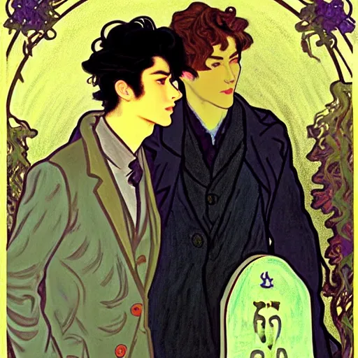 Image similar to painting of young cute handsome beautiful dark medium wavy hair man in his 2 0 s named shadow taehyung and cute handsome beautiful min - jun together at the graveyard party, ghostly, haunted gravestones, ghosts, autumn! colors, elegant, wearing suits!, clothes!, stylish, delicate facial features, art by alphonse mucha, vincent van gogh, egon schiele