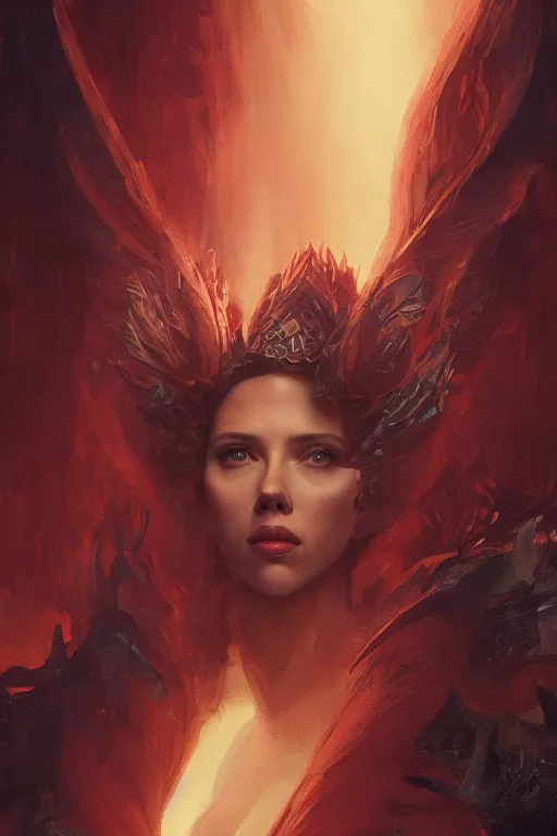 Image similar to a fancy portrait of Scarlett Johansson as a dragon queen by Greg Rutkowski, Sung Choi, Mitchell Mohrhauser, Maciej Kuciara, Johnson Ting, Maxim Verehin, Peter Konig, final fantasy , mythical, 8k photorealistic, cinematic lighting, HD, high details, atmospheric,