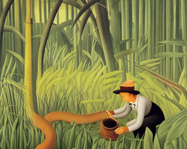 Prompt: snake oil researcher digging through the swamps of Formosa, painting by Henri Rousseau