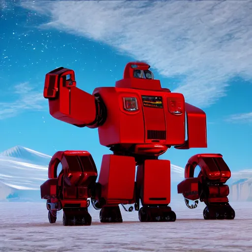 Image similar to a very, very, very, very, very, very, big, giant shiny robot made out of red retro refrigerators walking on an icy salt flats, dark mountains in the distance, octane render, unreal engine, sharp, daylight, shiny, shiny, shiny, trending in artstation, highly detailed, 4K UHD